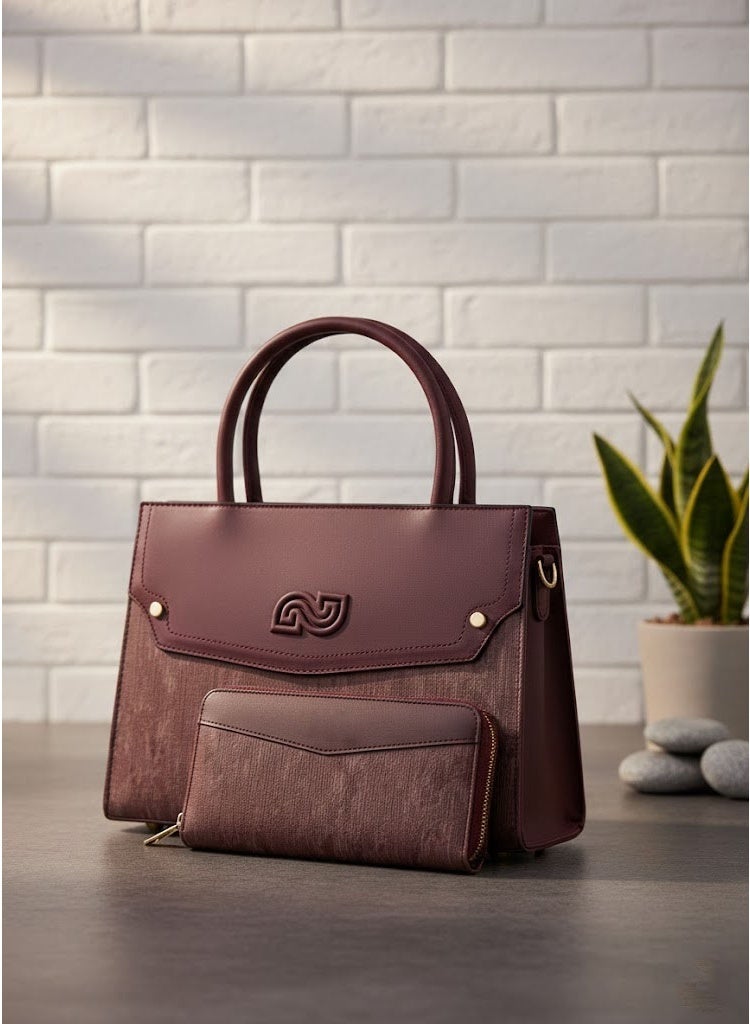 FUMES Wine-Red Women’s Satchel Handbag with Matching Small Wallet – Structured Design, Solid Textured Finish, Elegant Office & Daily Carry Bag - Image 2